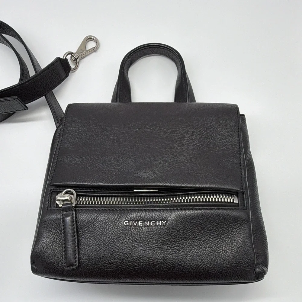 Givenchy Y2K  Small Pandora Black Satchel Top Handle Bag Detachable Strap Silver